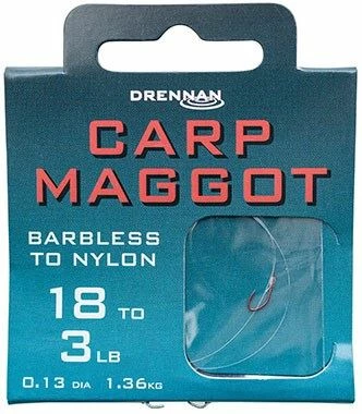 Drennan Hooks To Nylon Barbless Carp Maggot - 1 Drennan Hooks To Nylon Barbless Carp Maggot -
